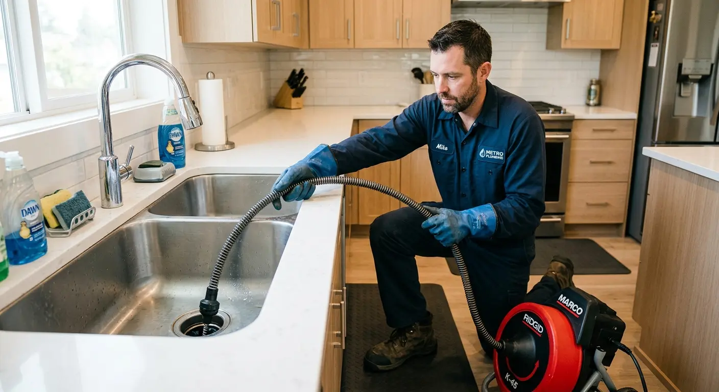 Drain cleaning technician using a motorized snake on a kitchen sink in Dunn