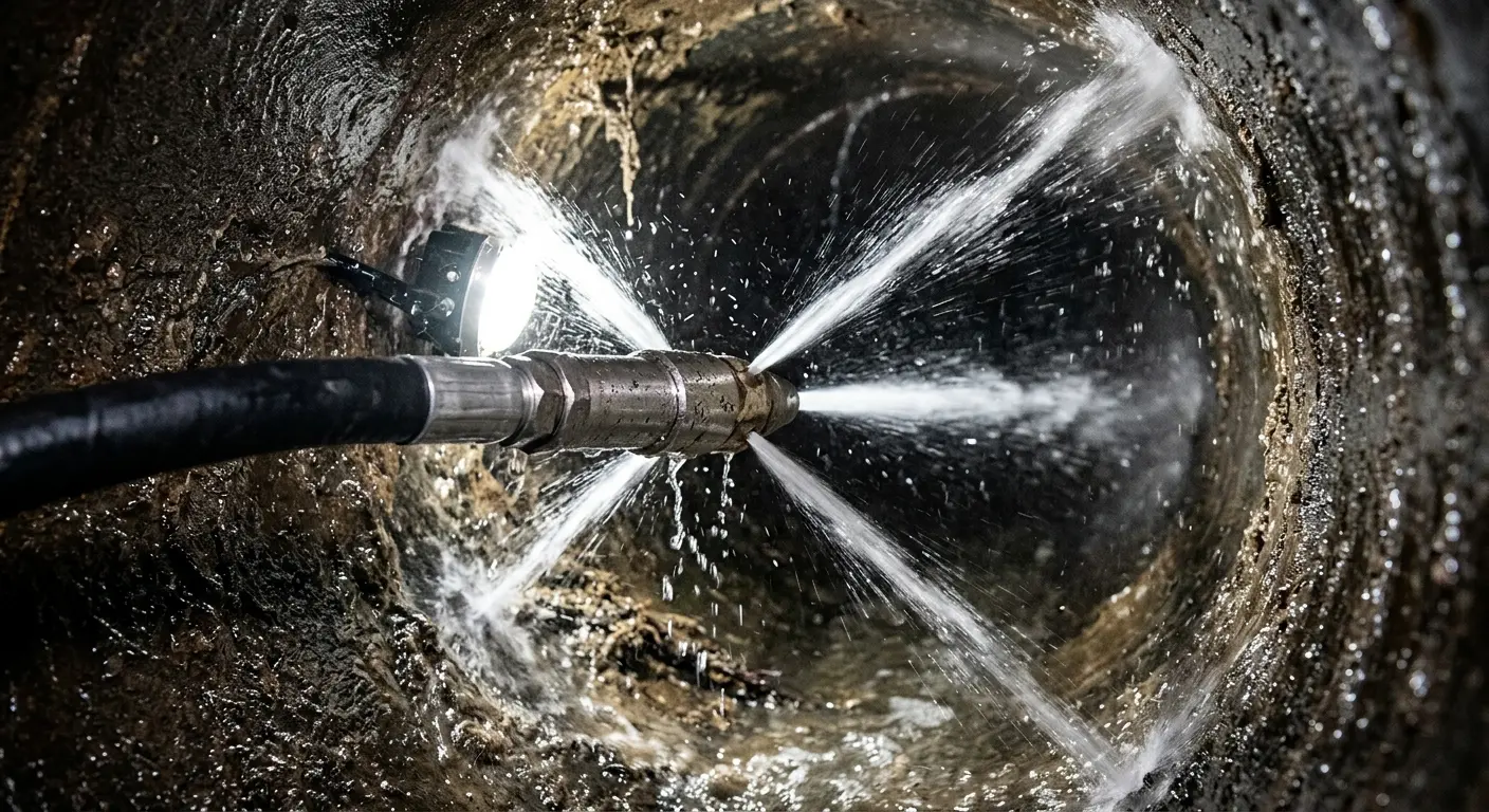 High-pressure hydro jetting nozzle cleaning sewer pipe for Emergency Drain Service in Dunn