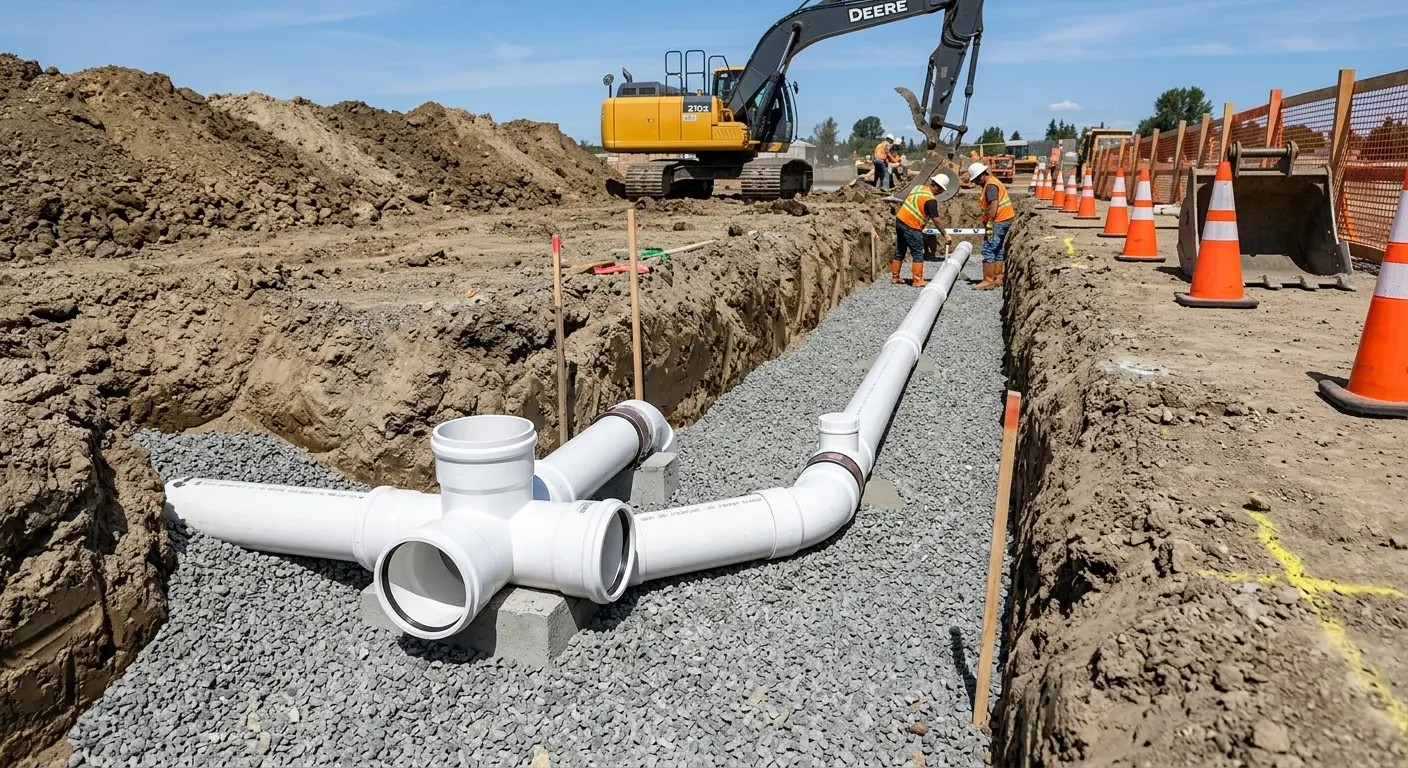 New PVC sewer pipe installation in open trench for Grease Trap Cleaning in Dunn