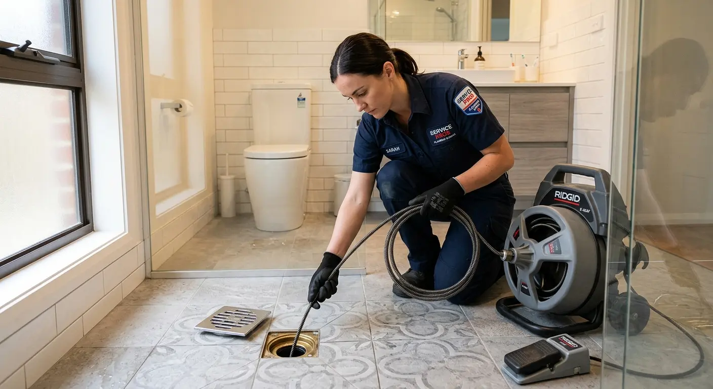 Technician clearing a bathroom floor drain for Sewer Line Installation in Dunn